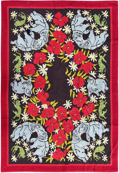 Antique English Needlepoint Tapestry Elephants 3x5 Black  102cm x 145cm C.1930