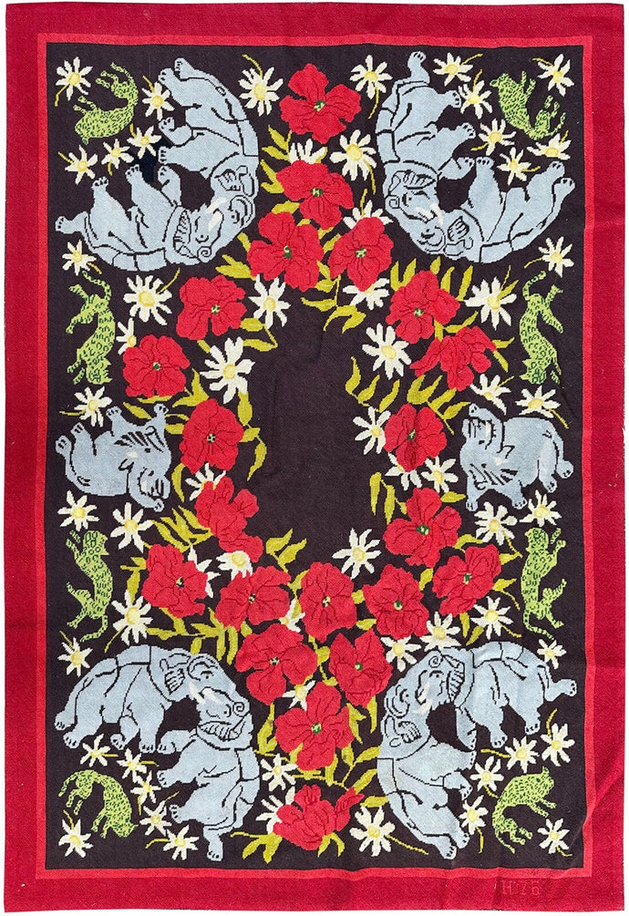 Antique English Needlepoint Tapestry Elephants 3x5 Black  102cm x 145cm C.1930