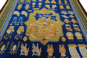 Antique Chinese Art Deco Rug Ninghshia Rug Guardian Lions Peking Blue 8X9 C.1900