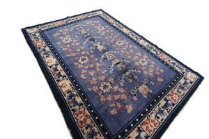 4x6 Rare Antique Ninghshia Art Deco Rug Chinese Rug Peking Blue 130x185cm C.1900