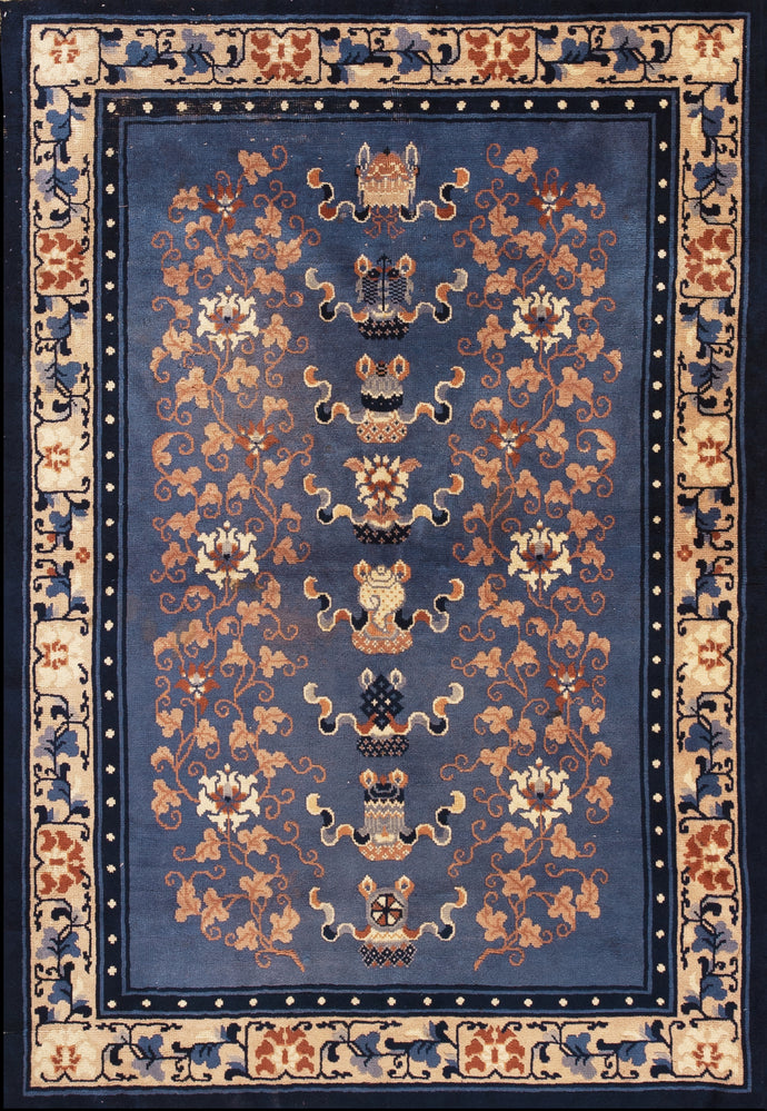 4x6 Rare Antique Ninghshia Art Deco Rug Chinese Rug Peking Blue 130x185cm C.1900