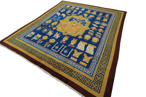 Antique Chinese Art Deco Rug Ninghshia Rug Guardian Lions Peking Blue 8X9 C.1900
