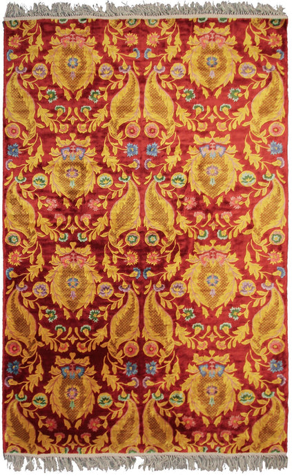 5X8 Vintage Art Nouveau Rug Silk Chinese Rug C.1965 Art Deco Red 155cmx239cm