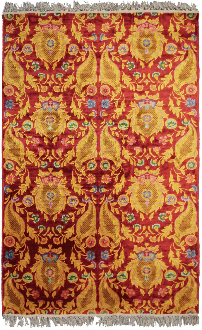 5X8 Vintage Art Nouveau Rug Silk Chinese Rug C.1965 Art Deco Red 155cmx239cm
