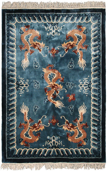 Fine 4X6 Vintage Silk Chinese Rug Organic Silk tapestry Dragons Blue 122X185cm