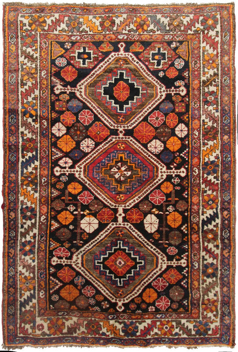 5x7 Rare Antique Shirrazz Rug 1910 Tribal Rug Antique Geometric Rug Black