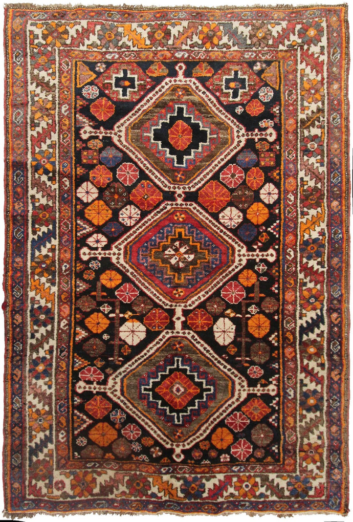 5x7 Rare Antique Shirrazz Rug 1910 Tribal Rug Antique Geometric Rug Black