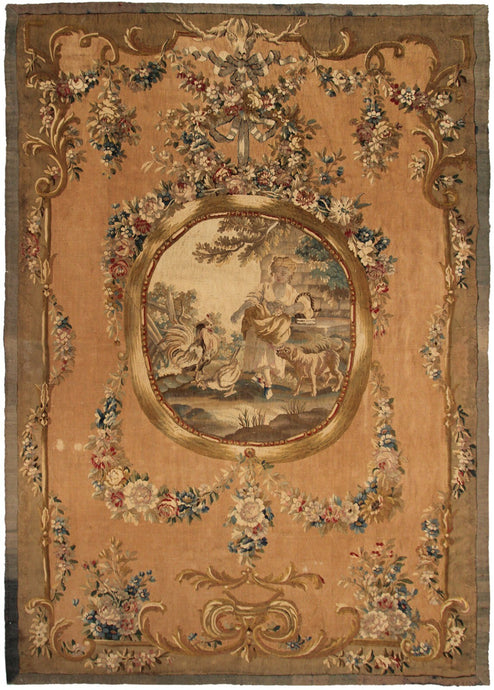 5X8 Antique French Tapestry Fine Wool & Silk Beige C.1870 158cm x249cm 