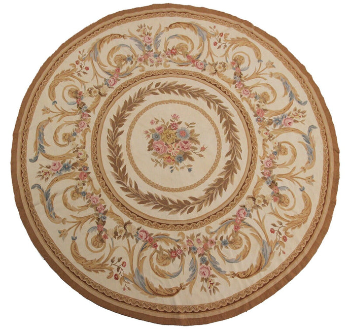  8ft Round Vintage 8x8 Round Antique French Aubusson Rug 244cm x 244cm