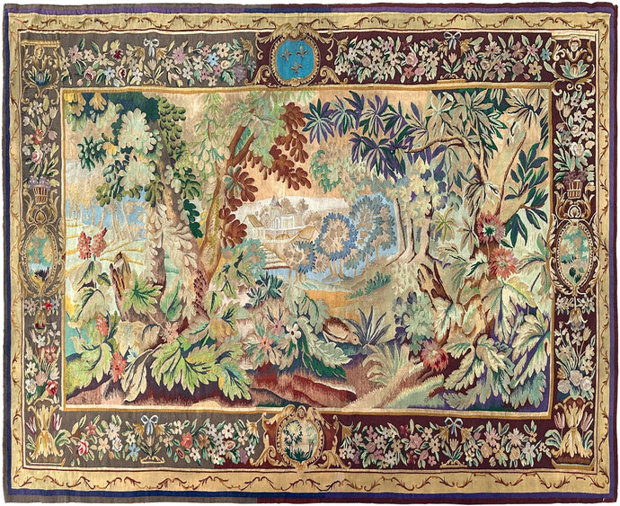 7x9 Antique French Tapestry  Art Nouveau Antique Tapestry 208cm x 257cm  c.1900