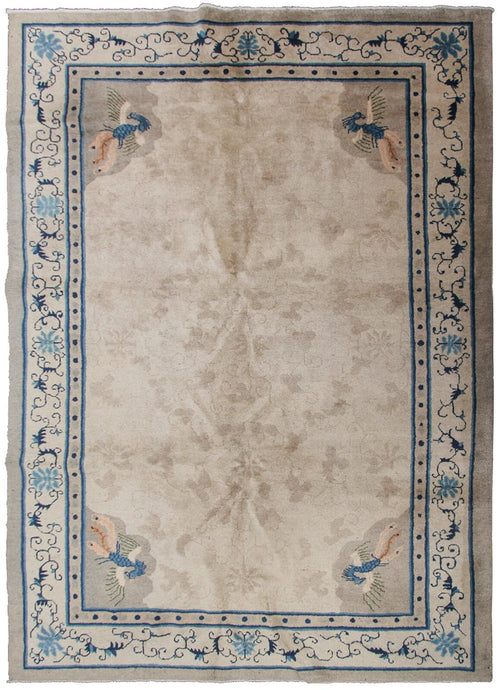 6'x9' Antique Peking Chinese Art Deco Rug Rare Peacock Design Beige Circa 1900