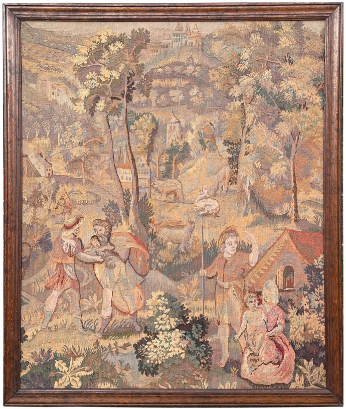 3x4 1920 Antique French Tapestry Wool & Silk Village Framed Handmade 102cmx122cm