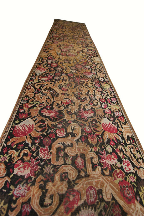 4x19 Antique Runner Caucasian Karabagh Runner Rug Rare Wool Handmade Black 1870