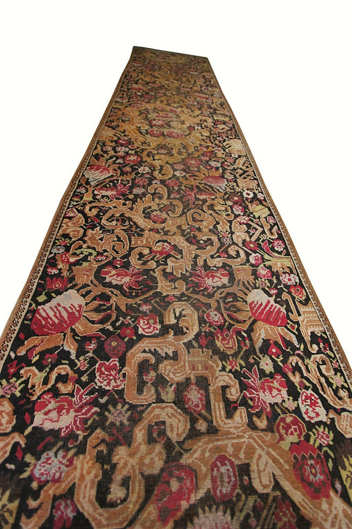 4x19 Antique Runner Caucasian Karabagh Runner Rug Rare Wool Handmade Black 1870