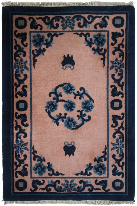 2x3 Antique Peking Rug Chinese Art Deco Rug Pink Purple Handmade Chinese Rug 2x3