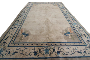 6'x9' Antique Peking Chinese Art Deco Rug Rare Peacock Design Beige Circa 1900