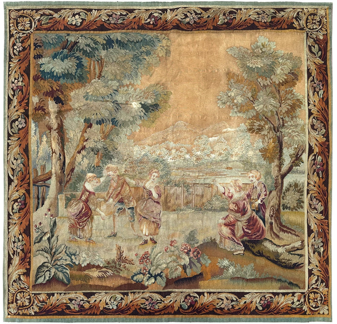 7x7 1900 Antique French Tapestry Square Wool & Silk Game  196cm x 201cm