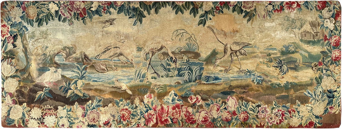 2x6 18th Century  Antique Flemish Tapestry Bird Verdure Wool & Silk  61cmx165cm