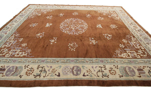 9x12 Antique Peking Chinese Art Deco Brown Rug Fish Handmade Ninghshia  C.1890