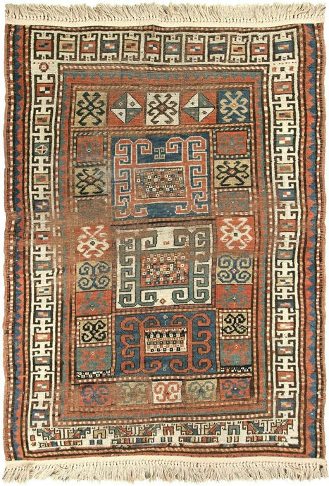 4x6 Antique Caucasian Pinwheel Kazak Rug Rare Wool Tribal 109cmx173cm  C.1880