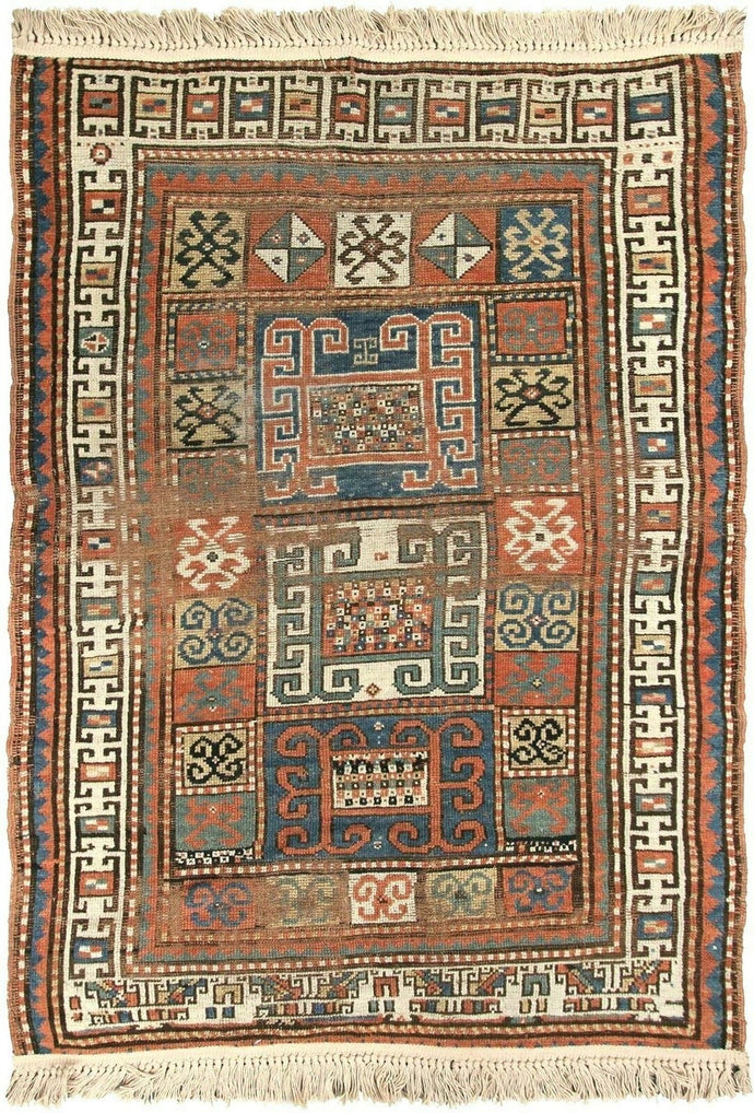 4x6 Antique Caucasian Pinwheel Kazak Rug Rare Wool Tribal 109cmx173cm  C.1880