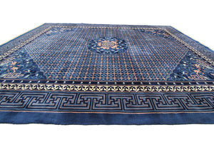 8x11 Vintage Art Deco Rug Dragon Heads Bats Chinese 251cm x335cm Blue Rug c.1960