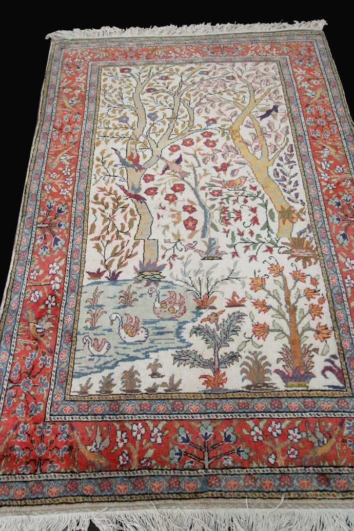 4x6 Rare Vintage Turkish Rug Hereke cotton Kaysari 117cm x176cm Bird Tapestry 