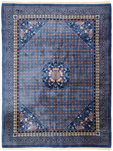 Load image into Gallery viewer, 8x11 Vintage Art Deco Rug Dragon Heads Bats Chinese 251cm x335cm Blue Rug c.1960
