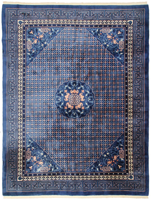 8x11 Vintage Art Deco Rug Dragon Heads Bats Chinese 251cm x335cm Blue Rug c.1960