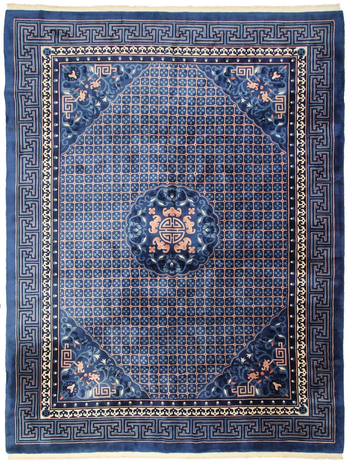 8x11 Vintage Art Deco Rug Dragon Heads Bats Chinese 251cm x335cm Blue Rug c.1960