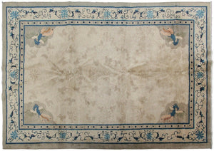 6'x9' Antique Peking Chinese Art Deco Rug Rare Peacock Design Beige Circa 1900