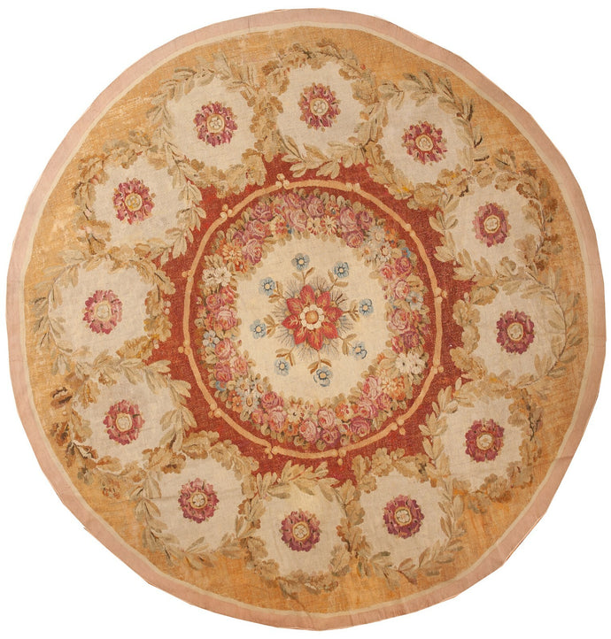 10ft. Round Antique French Aubusson Directoire 10X10 Beige 290cmx292cm C.1790  