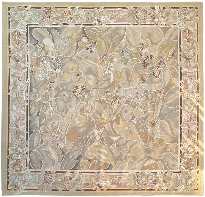 9x9 Vintage French Aubusson Tapestry Rug Art Nouveau Bold  Square 256cm x 285cm