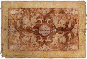Antique Dragon Rug Chinese Peking Khotan Tapestry 4x6 Brown 130cmx191cm  C.1880