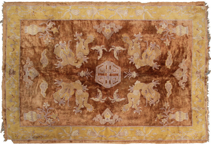 Antique Dragon Rug Chinese Peking Khotan Tapestry 4x6 Brown 130cmx191cm  C.1880