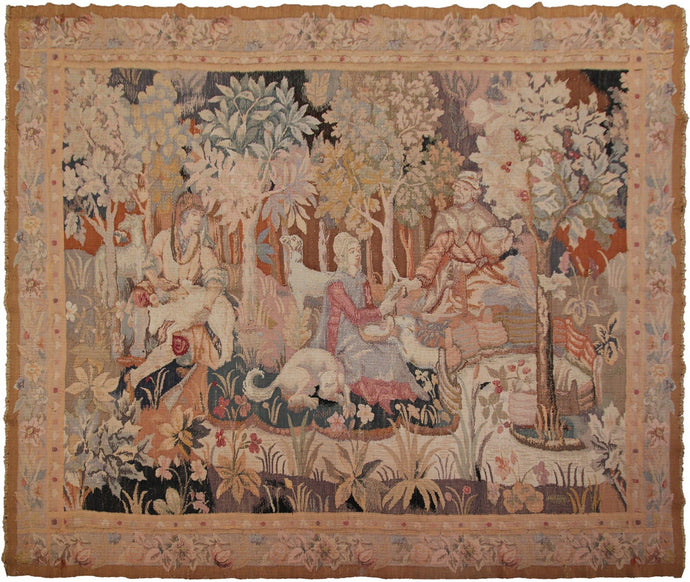 7X8 Rare Antique French Tapestry Human Tapestry  Animals 203cm x 244cm c.1910