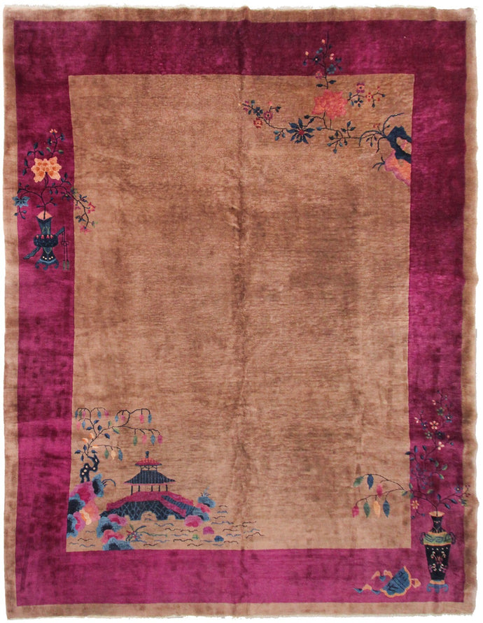  9x12 Antique Art Deco Rug Chinese Rug Beige Walter Nichols Rug Purple 277x348cm