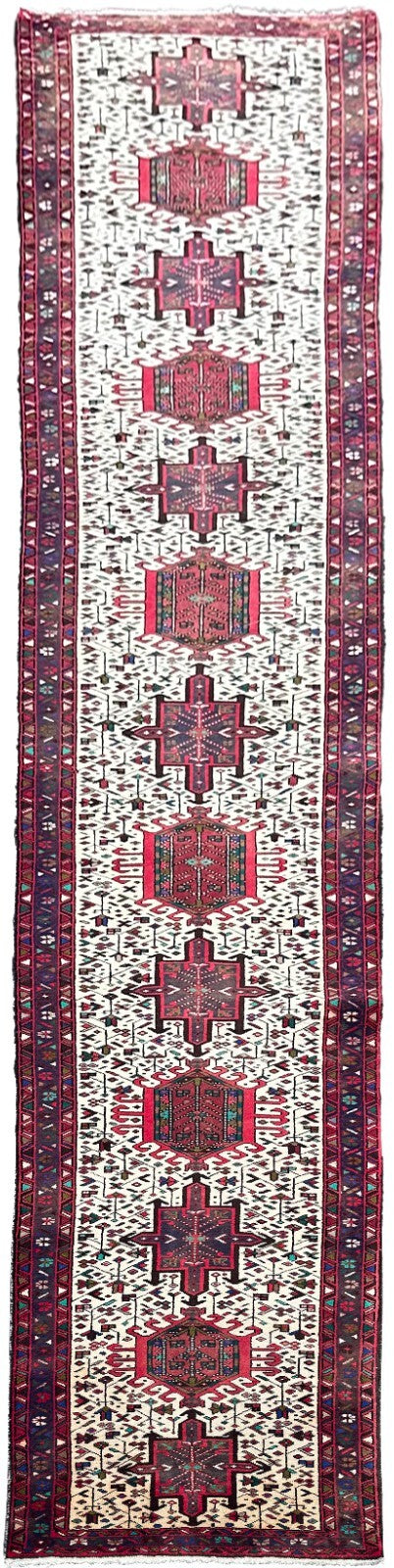Antique Herriz Karaje Serrapi Runner Rug  3x16 Handmade Ivory 79cmx491cm C. 1930