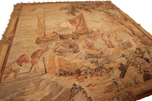 Load image into Gallery viewer,  8x8 Antique French Tapestry Fine Square Fisherman Verdure 224x239cm  C.1890
