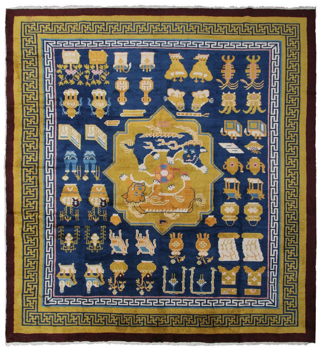 Antique Chinese Art Deco Rug Ninghshia Rug Guardian Lions Peking Blue 8X9 C.1900