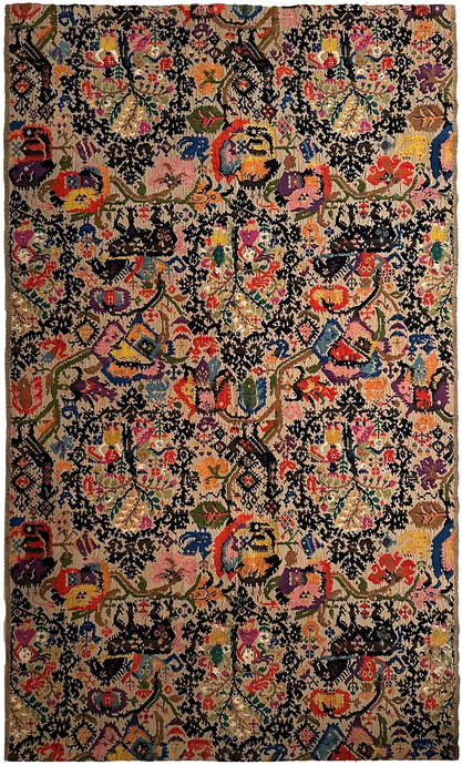 4x7 Rare Vintage Tapestry flatwoven silk & cotton human horses 