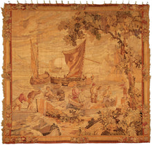 Load image into Gallery viewer,  8x8 Antique French Tapestry Fine Square Fisherman Verdure 224x239cm  C.1890
