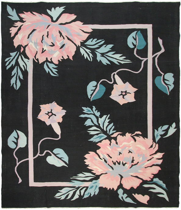 Rare Vintage Art Nouveau Rug Bold Art Deco Rug Black Handmade Rug Kilim 8x10