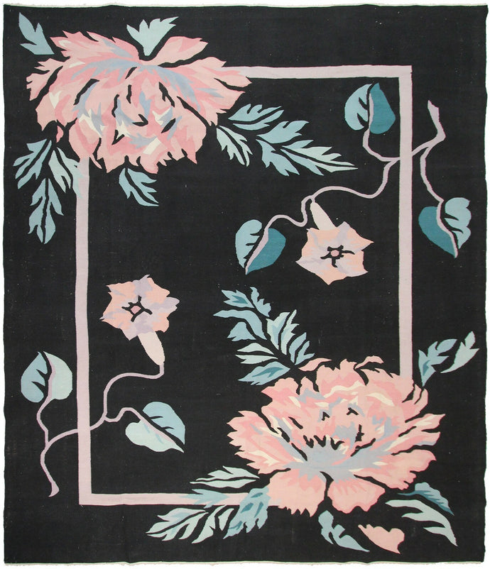 Rare Vintage Art Nouveau Rug Bold Art Deco Rug Black Handmade Rug Kilim 8x10