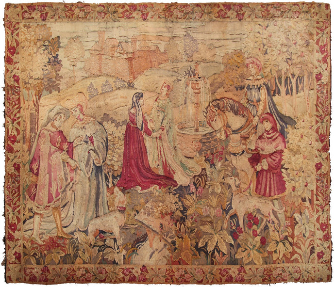 6x8 Antique French Tapestry  Fine Handmade Fountain  1920 188cm x 226cm c.1920