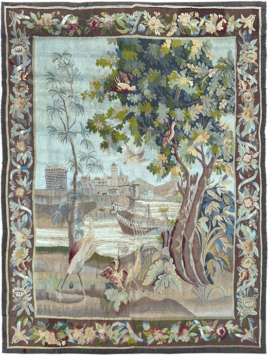 5x7 Antique French Tapestry Verdure Signed 1880 Wool & Silk 153cm x 201cm