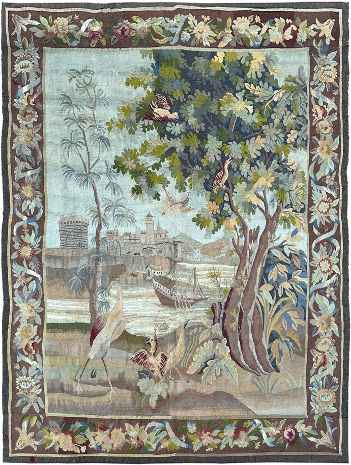 5x7 Antique French Tapestry Verdure Signed 1880 Wool & Silk 153cm x 201cm