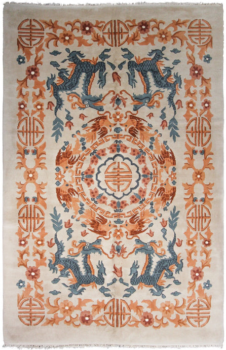 6x9 Vintage Art Deco Rug Dragons Chinese Rug Ivory Rug c.1960 Chinese Rug