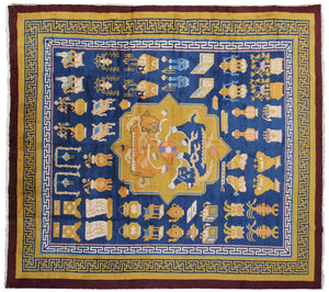 Antique Chinese Art Deco Rug Ninghshia Rug Guardian Lions Peking Blue 8X9 C.1900