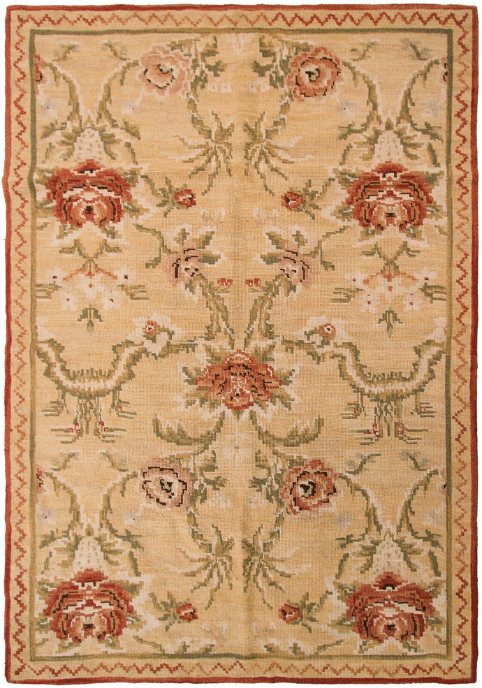 Vintage Tapestry European Needlepoint Beige 4x6 1960 Allover Geometric Rug